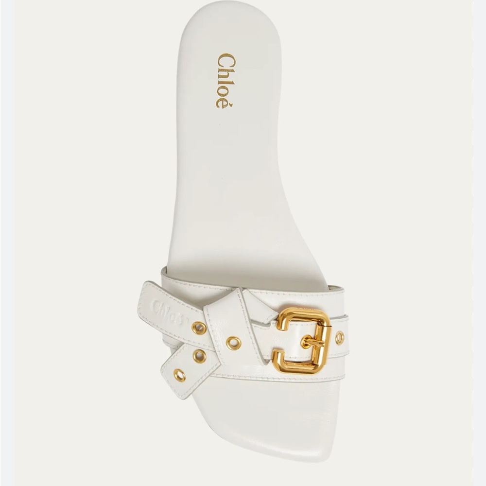 🤍 CHLOE Mae White Leather Buckle Flat Slide Sandals 🤍